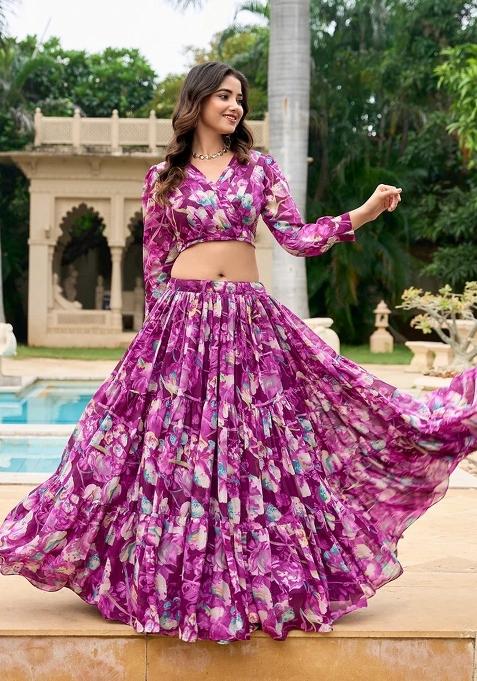 Wine Digital Print Georgette Lehenga Set With Dupatta