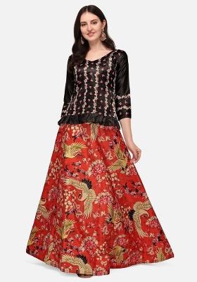 Red Digital Print Poly Blend Lehenga Set With Dupatta