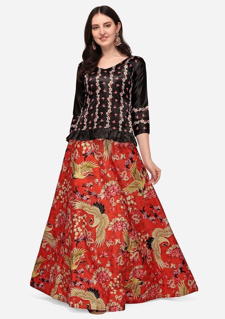 Red Digital Print Poly Blend Lehenga Set With Dupatta