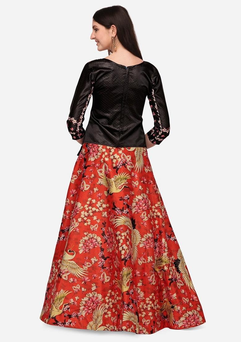 Red Digital Print Poly Blend Lehenga Set With Dupatta