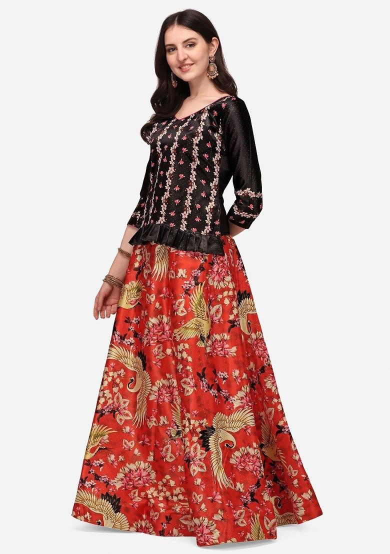 Red Digital Print Poly Blend Lehenga Set With Dupatta