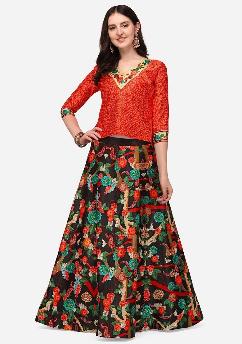 Black Digital Print Poly Blend Lehenga Set With Dupatta