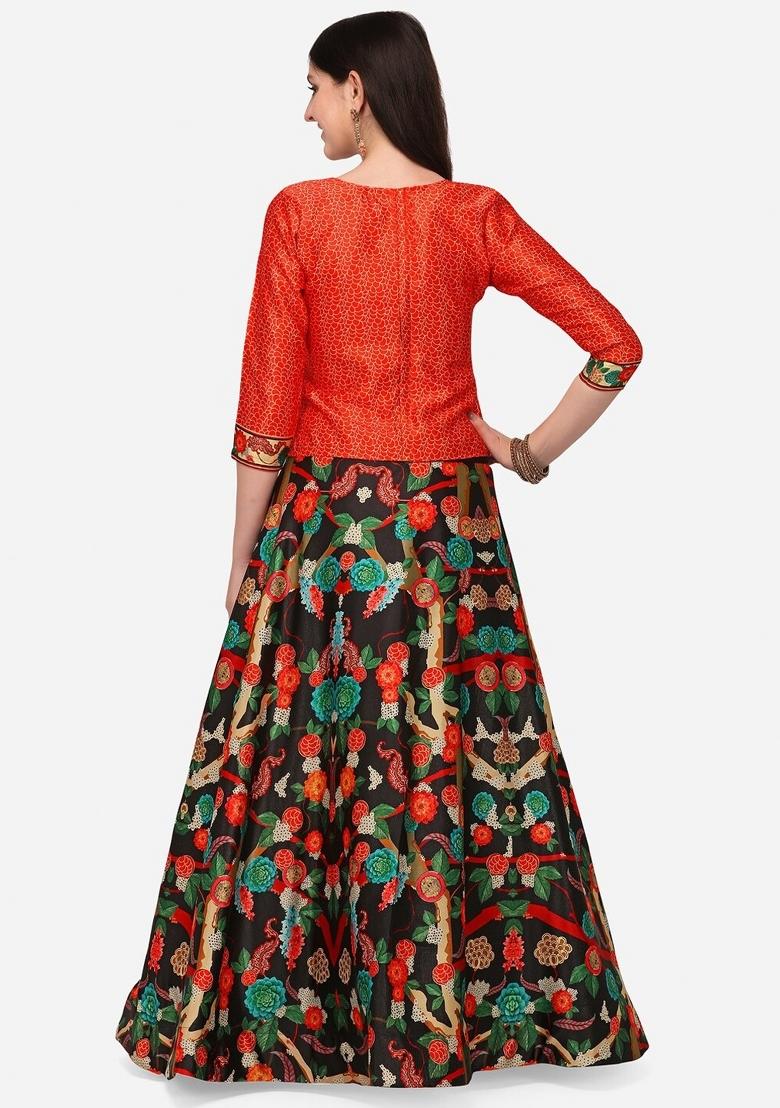 Black Digital Print Poly Blend Lehenga Set With Dupatta
