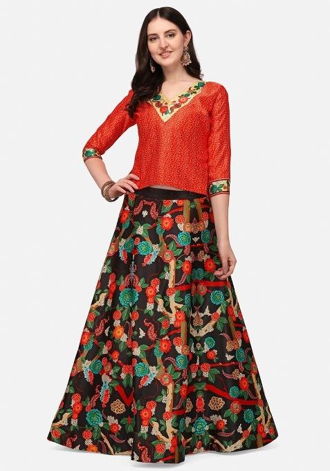 Black Digital Print Poly Blend Lehenga Set With Dupatta