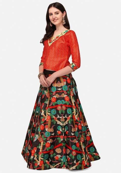 Black Digital Print Poly Blend Lehenga Set With Dupatta