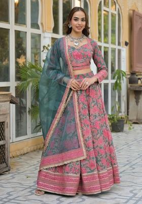 Green embroidered Cotton Lehenga Set With Dupatta