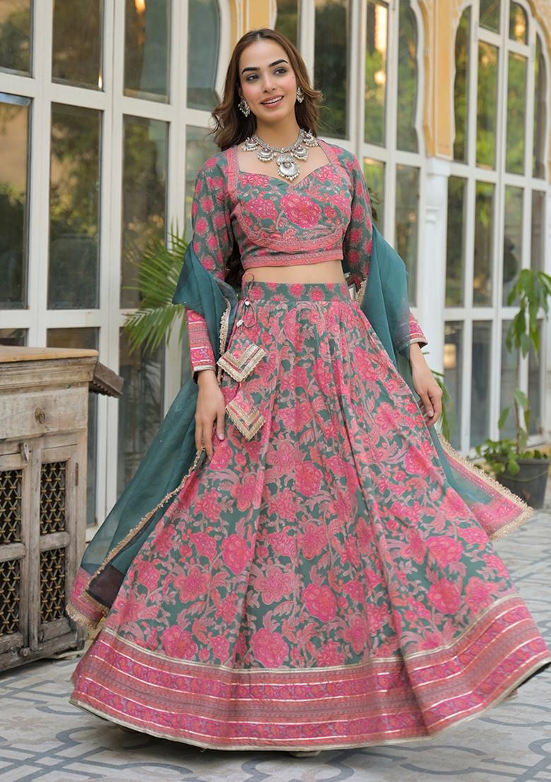 Green embroidered Cotton Lehenga Set With Dupatta