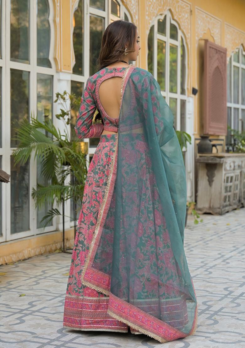 Green embroidered Cotton Lehenga Set With Dupatta