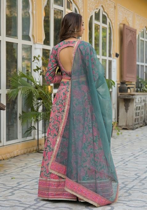Green embroidered Cotton Lehenga Set With Dupatta
