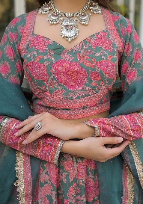 Green embroidered Cotton Lehenga Set With Dupatta