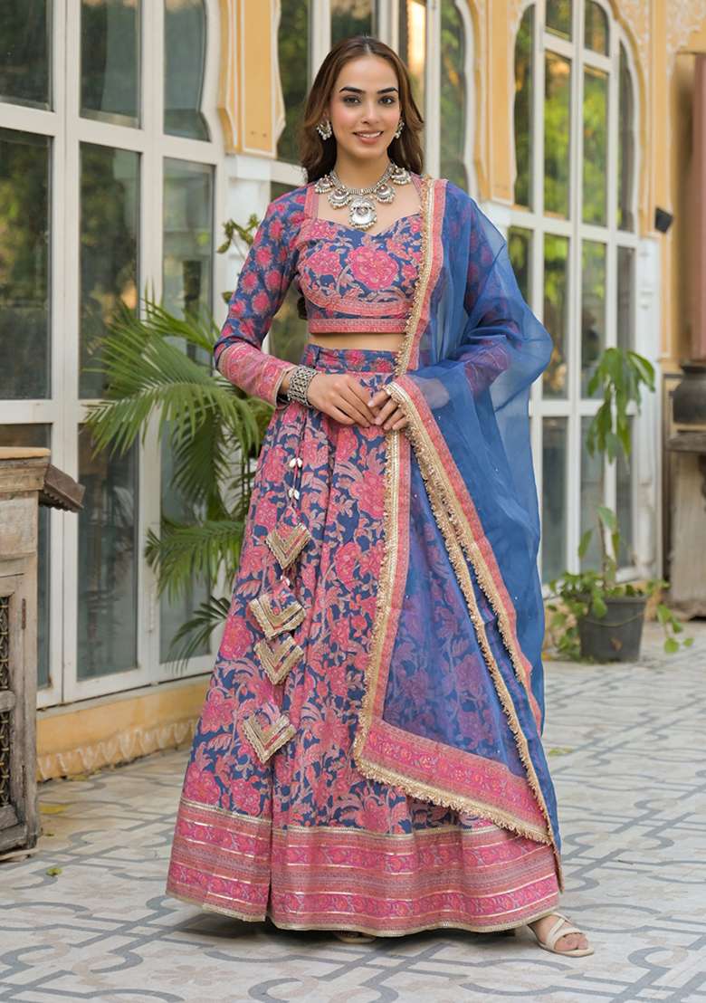 Blue embroidered Cotton Lehenga Set With Dupatta for Diwali and Festive Wear - Indya