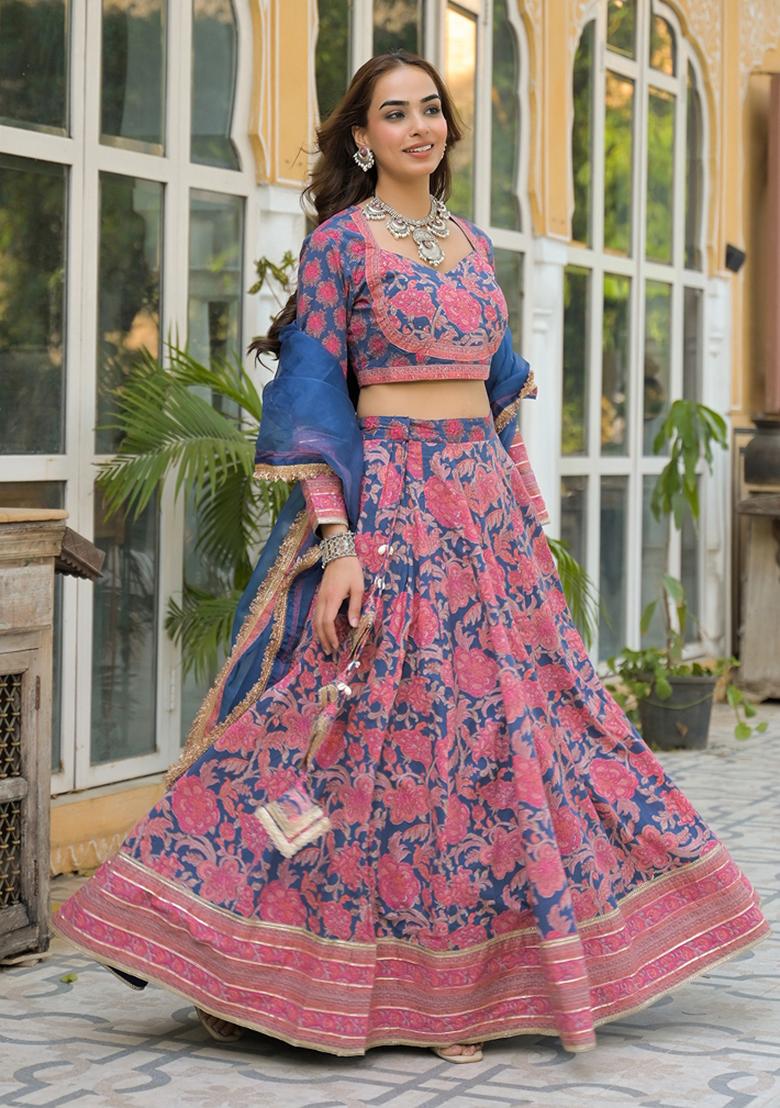 Blue embroidered Cotton Lehenga Set With Dupatta