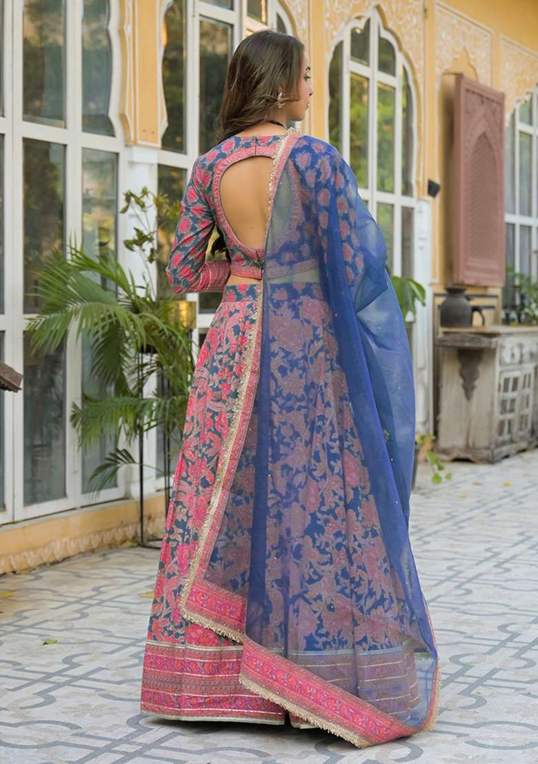 Blue embroidered Cotton Lehenga Set With Dupatta for Diwali and Festive Wear - Indya