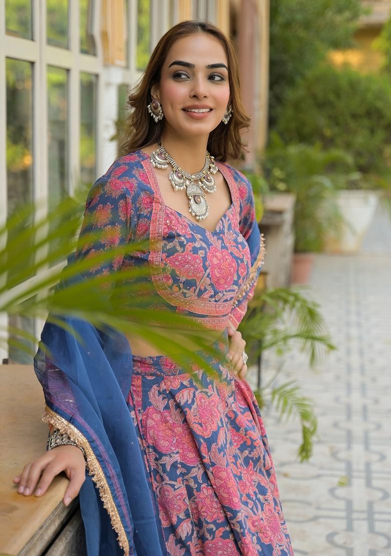 Blue embroidered Cotton Lehenga Set With Dupatta