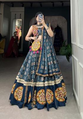 Teal Blue Printed  Rayon  Lehenga Set