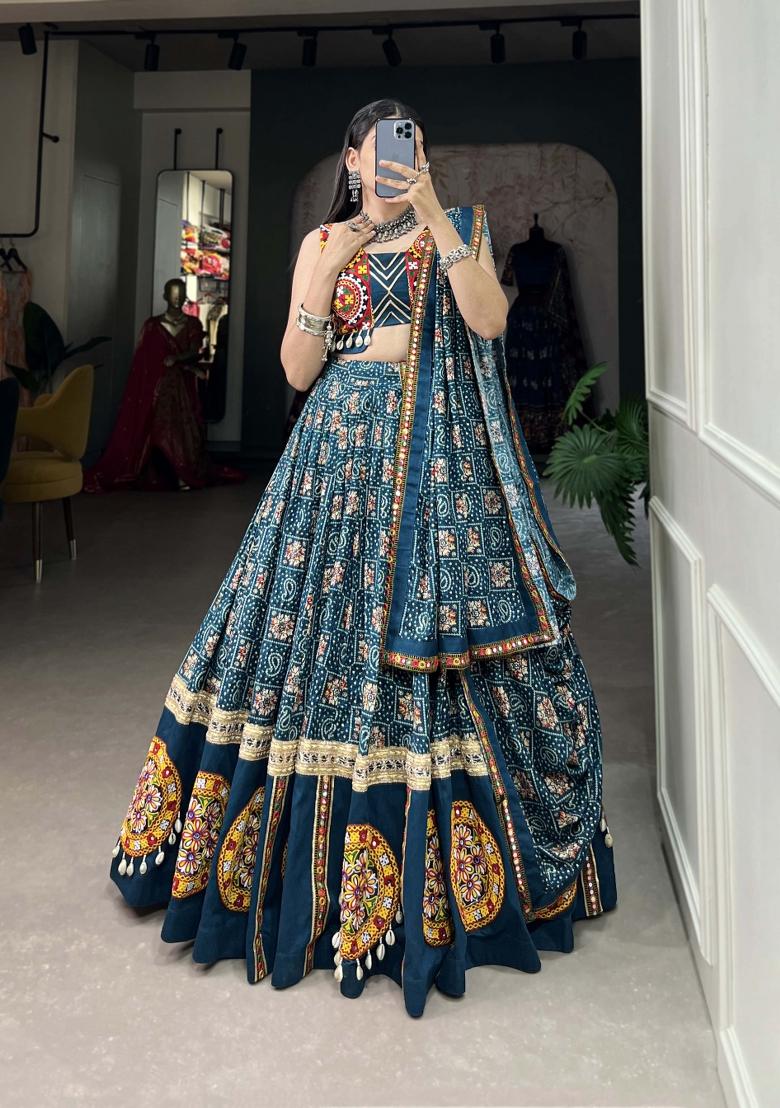 Teal Blue Printed Rayon Lehenga Set