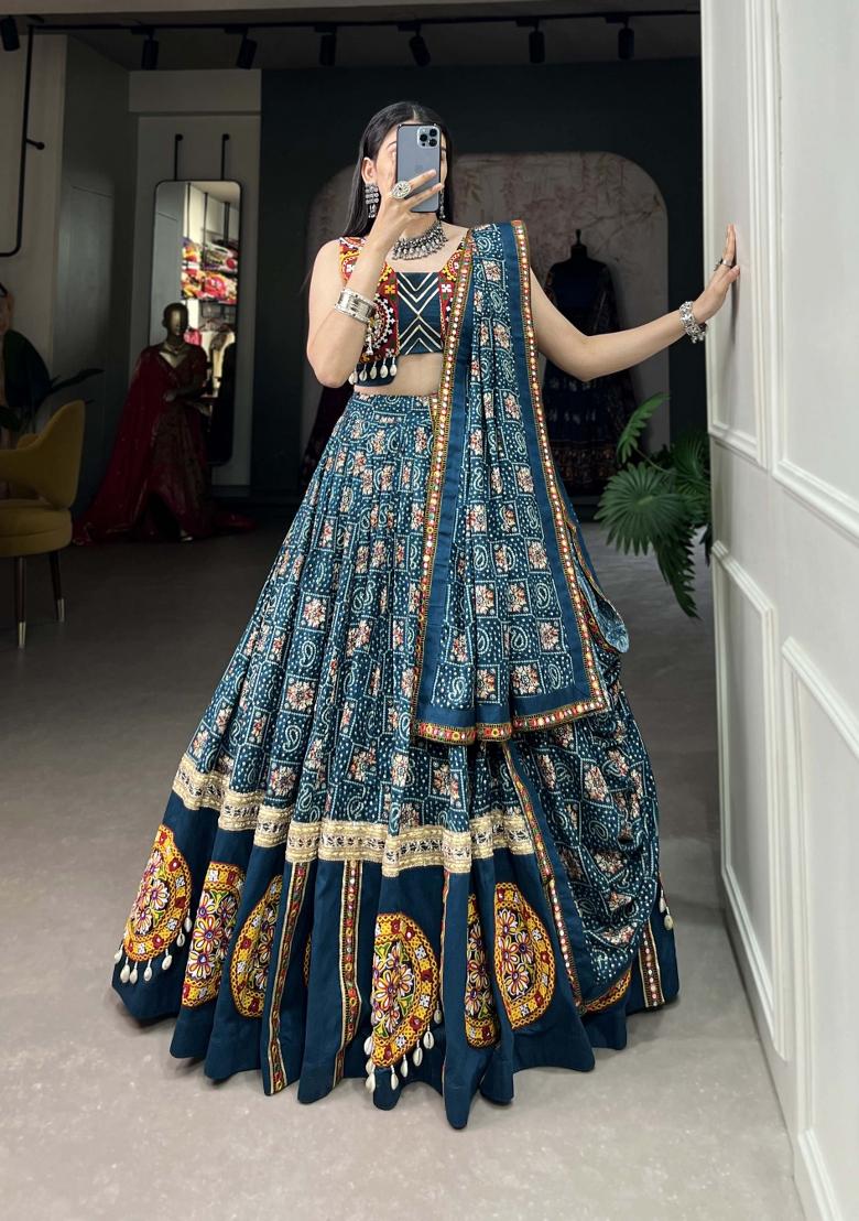 Teal Blue Printed Rayon Lehenga Set