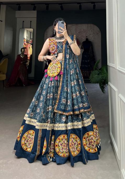 Teal Blue Printed  Rayon  Lehenga Set