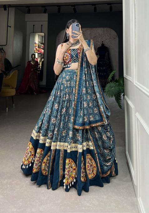 Teal Blue Printed Rayon Lehenga Set