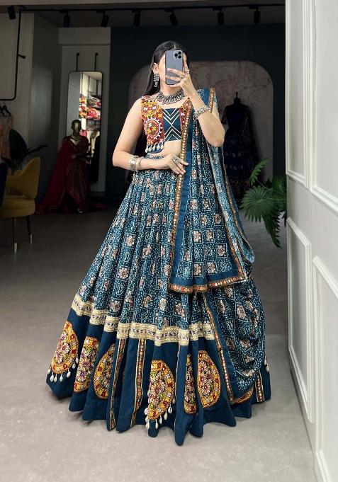 Teal Blue Printed Rayon Lehenga Set