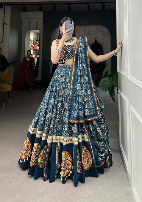 Teal Blue Printed Rayon Lehenga Set