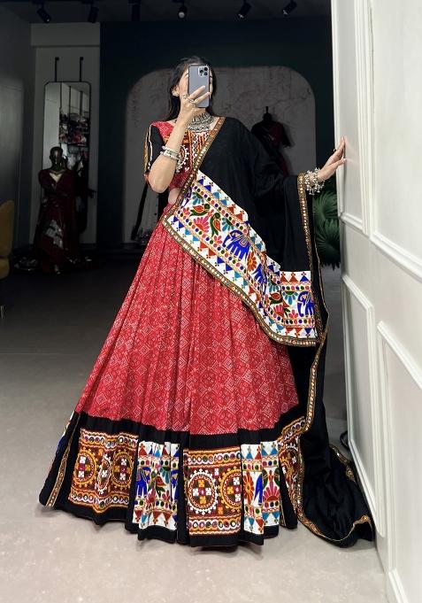 Red Meenakari Cotton Lehenga Set