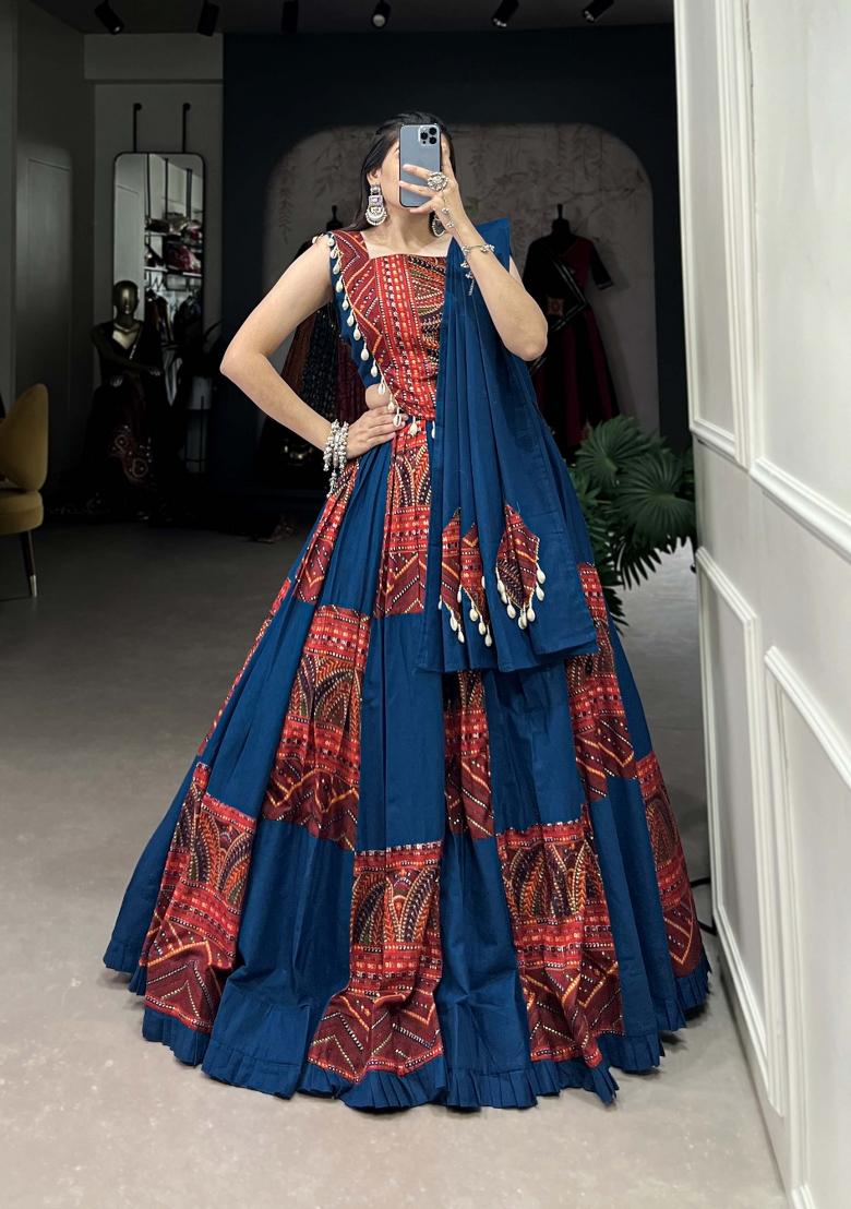 Blue Printed Cotton Lehenga Set
