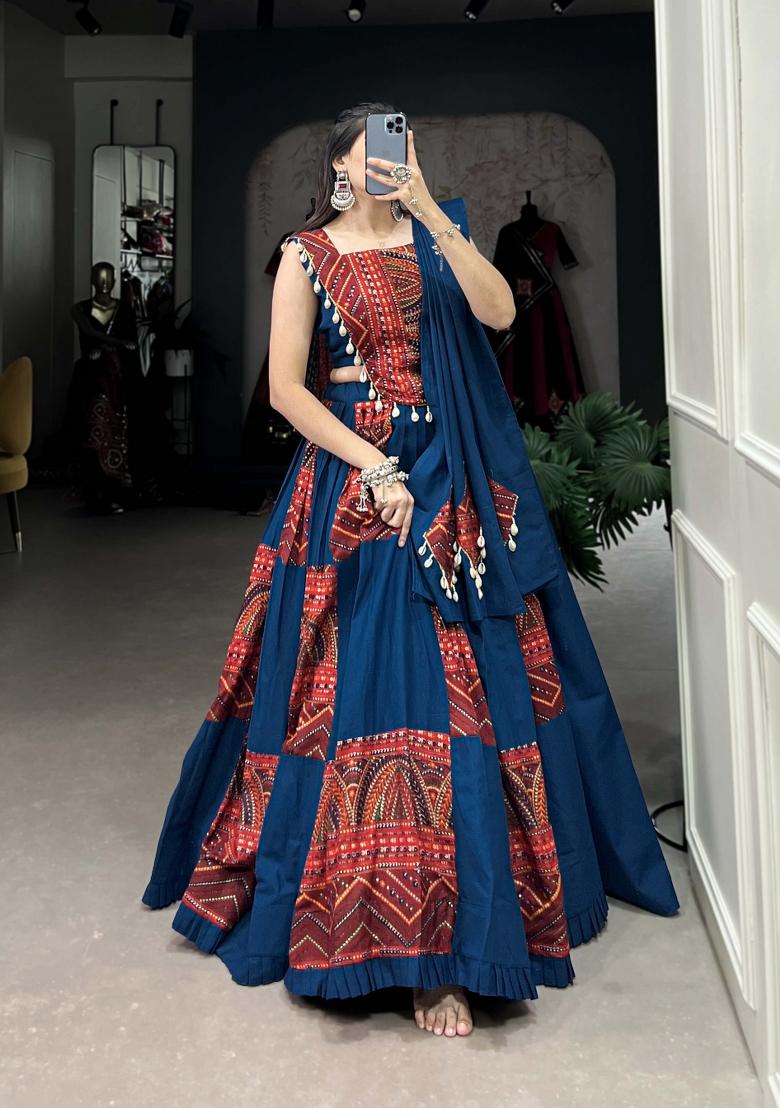 Blue Printed Cotton Lehenga Set
