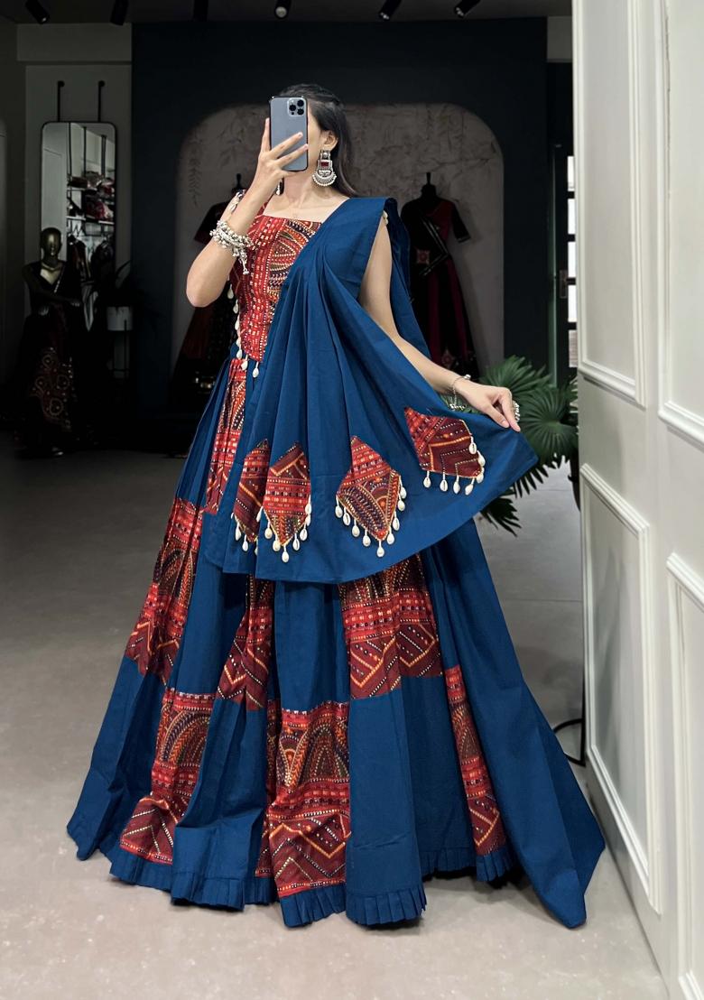 Blue Printed Cotton Lehenga Set
