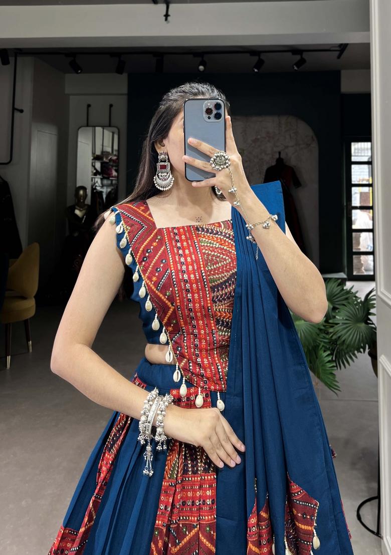 Blue Printed Cotton Lehenga Set