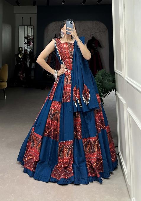 Blue Printed Cotton Lehenga Set