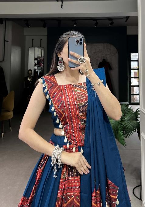 Blue Printed Cotton Lehenga Set