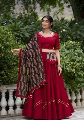 Maroon Solid Cotton Lehenga Set