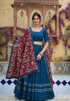 Firozi Solid Cotton Lehenga Set