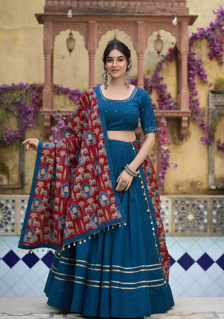 Firozi Solid Cotton Lehenga Set