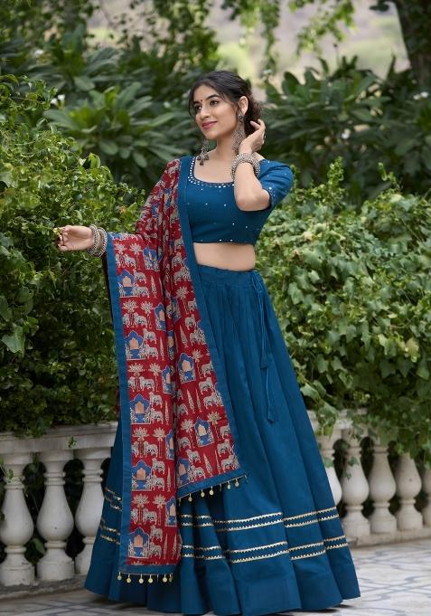 Firozi Solid Cotton Lehenga Set