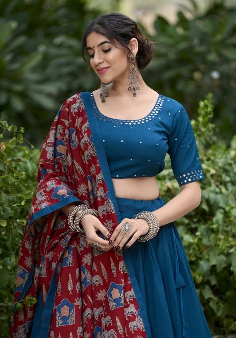 Firozi Solid Cotton Lehenga Set