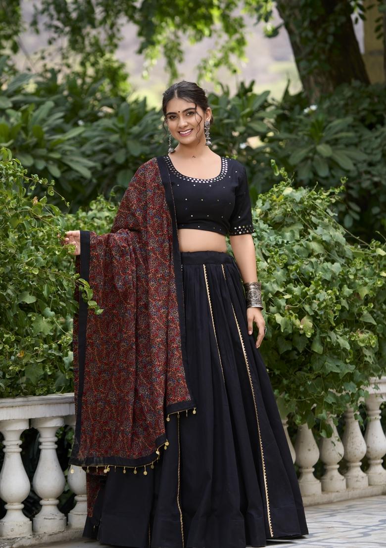 Black Solid Cotton Lehenga Set