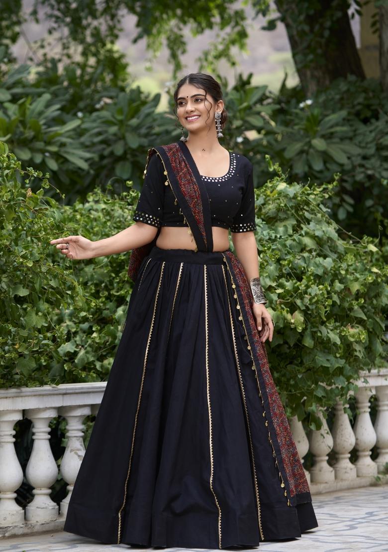 Black Solid Cotton Lehenga Set