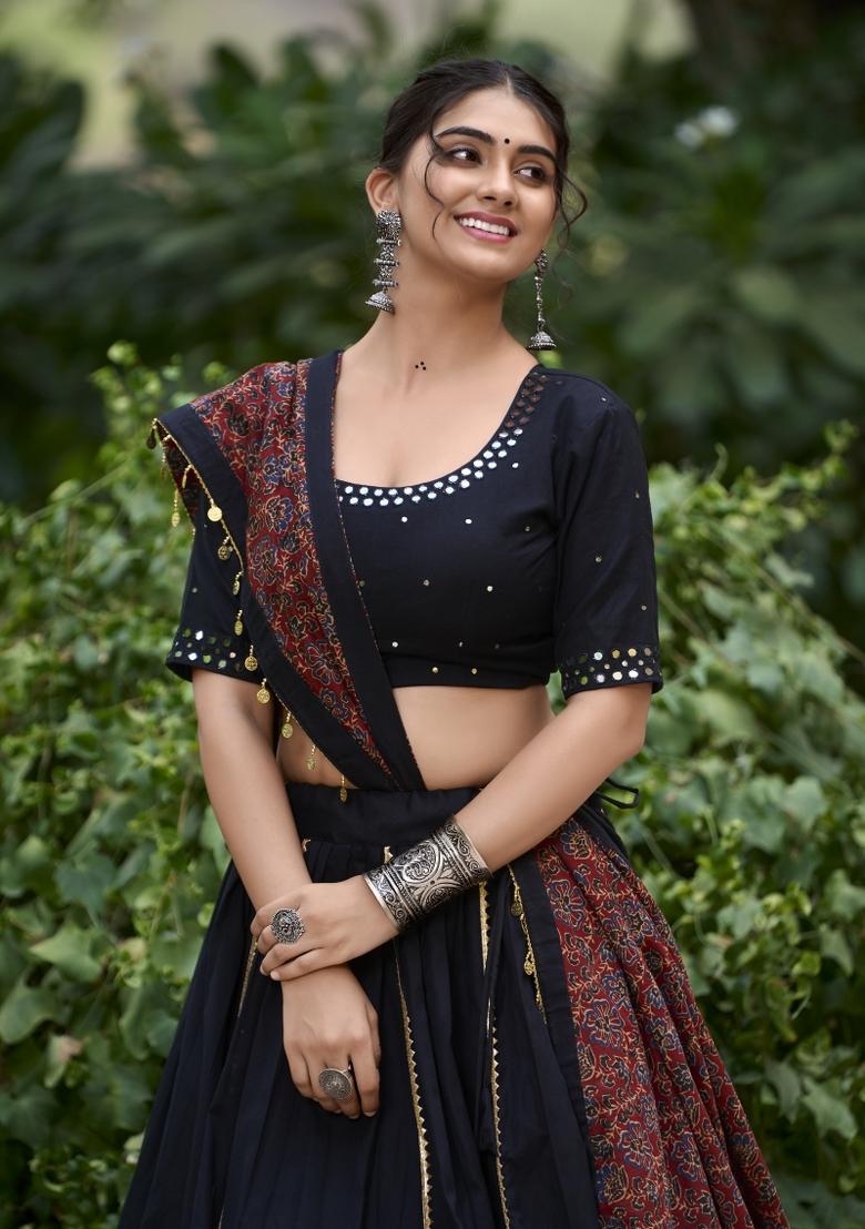 Black Solid Cotton Lehenga Set