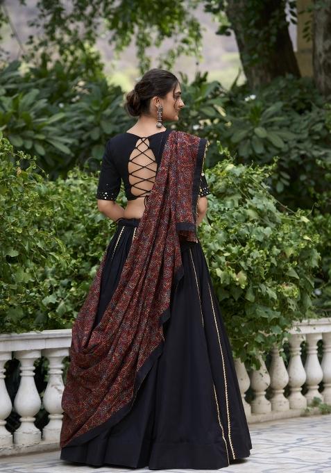 Black Solid Cotton Lehenga Set