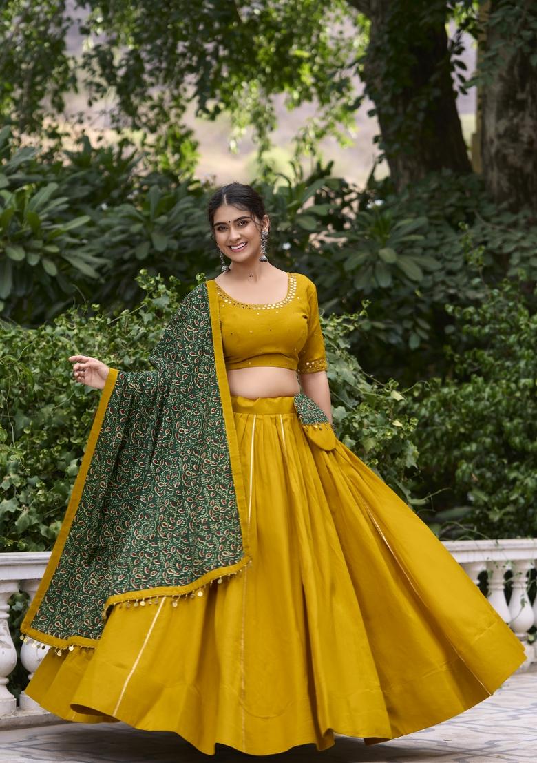 Mustard Yellow Solid Cotton Lehenga Set