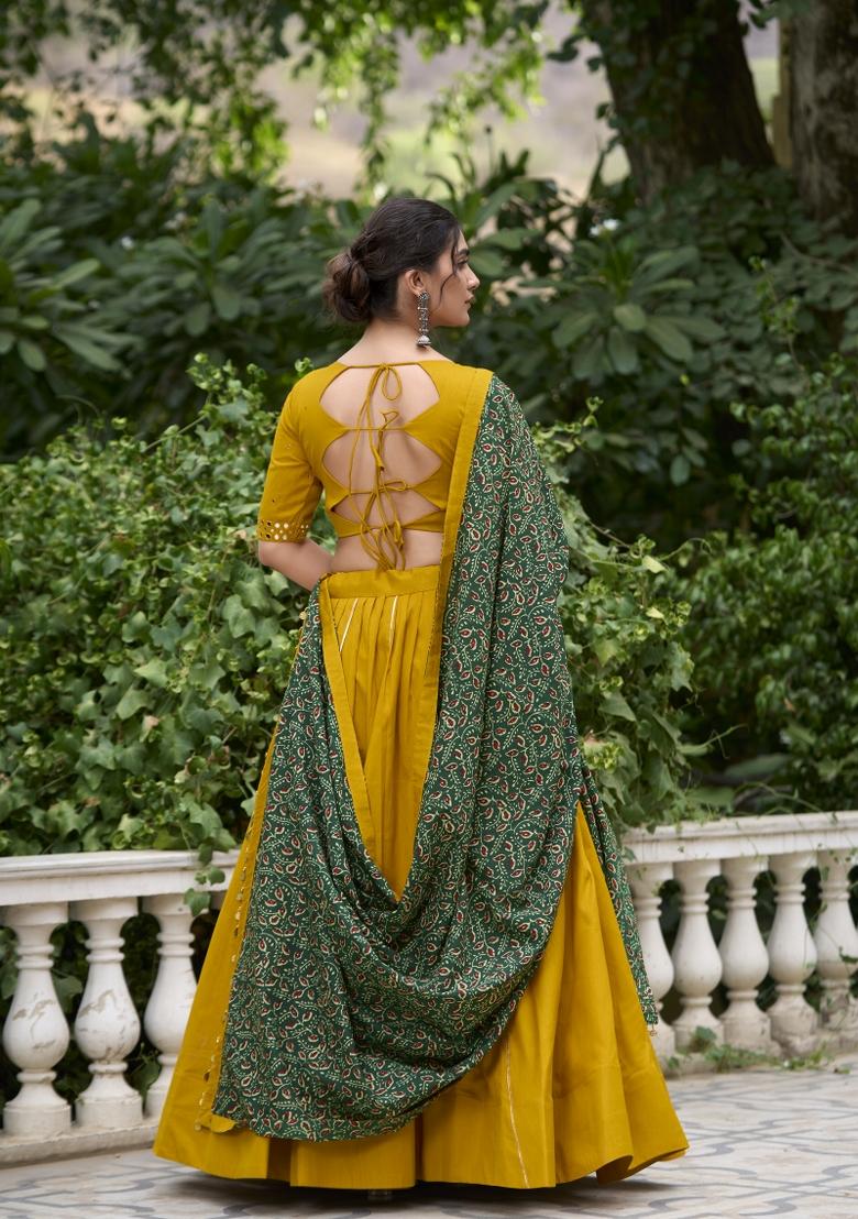 Mustard Yellow Solid Cotton Lehenga Set