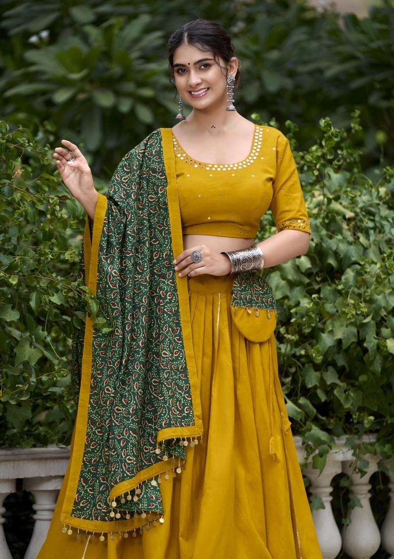 Mustard Yellow Solid Cotton Lehenga Set