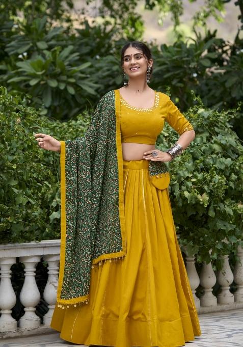 Mustard Yellow Solid Cotton Lehenga Set