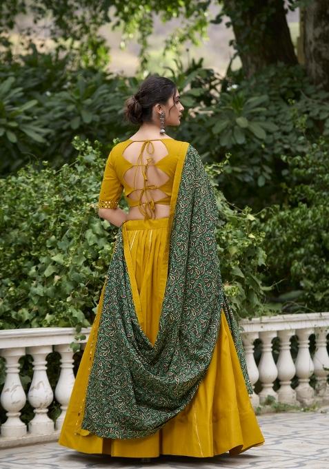 Mustard Yellow Solid Cotton Lehenga Set