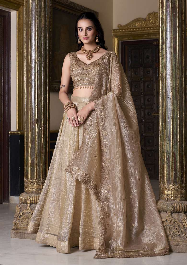 Beige Poly Blend Lehenga Set with Embroidered for Diwali | Wedding & Festive Wear - Indya