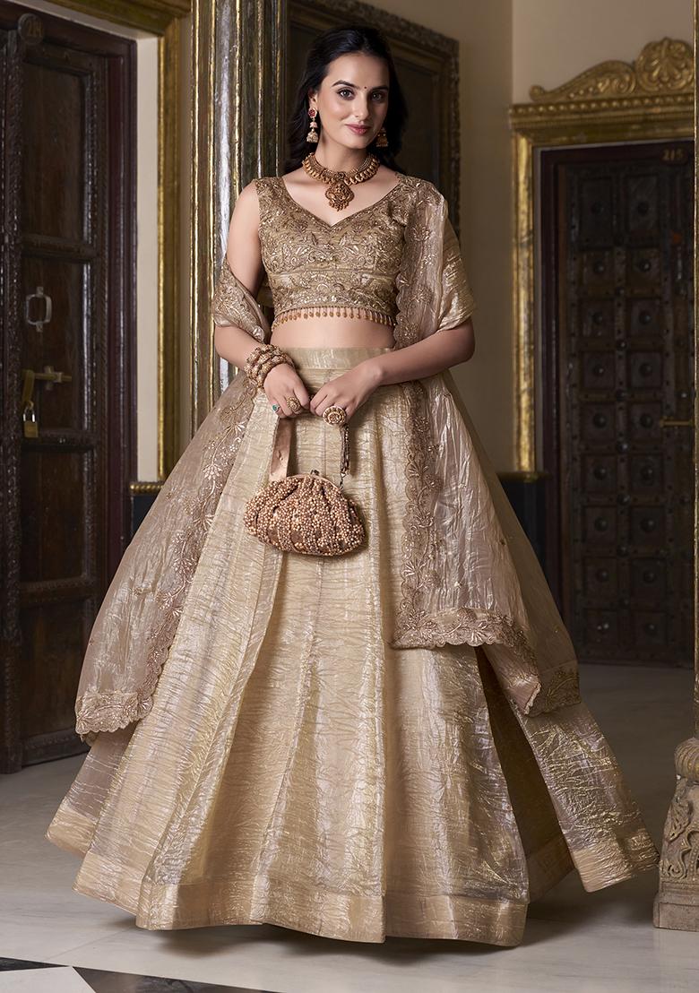 Beige Poly Blend Embroidered Lehenga Set