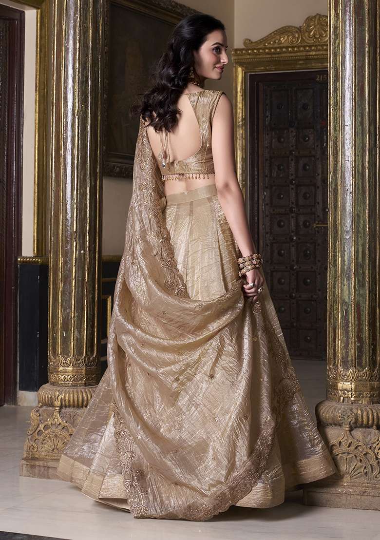 Beige Poly Blend Lehenga Set with Embroidered for Diwali | Wedding & Festive Wear - Indya