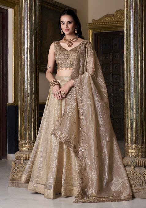 Beige Poly Blend Embroidered Lehenga Set